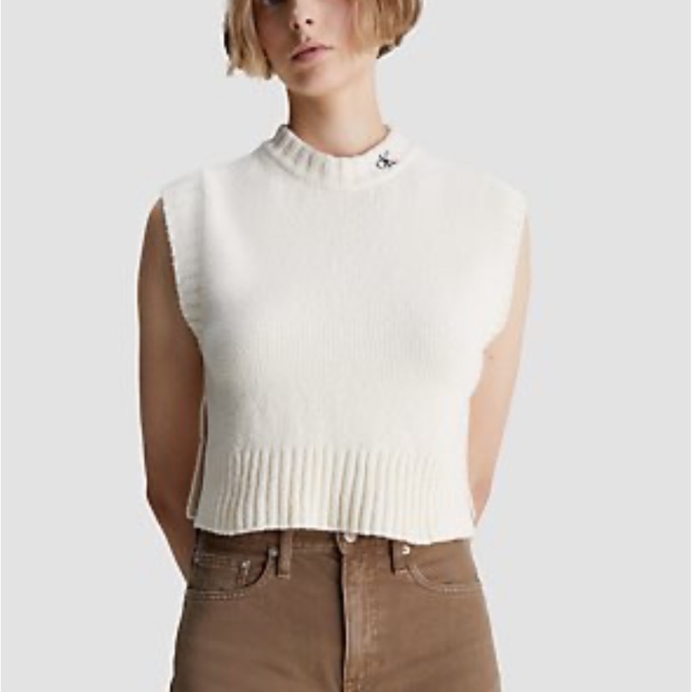 Calvin Klein Cropped Mock Neck Bouclé Sleeveless Sweater